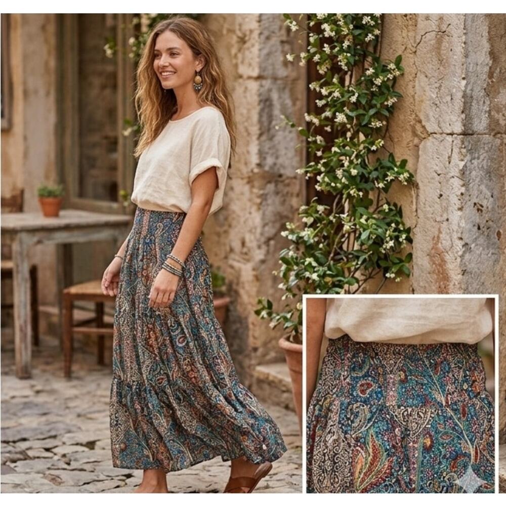Natural Life Paisley Tiered Maxi Skirt Boho Smocked Back Flowy Festival S